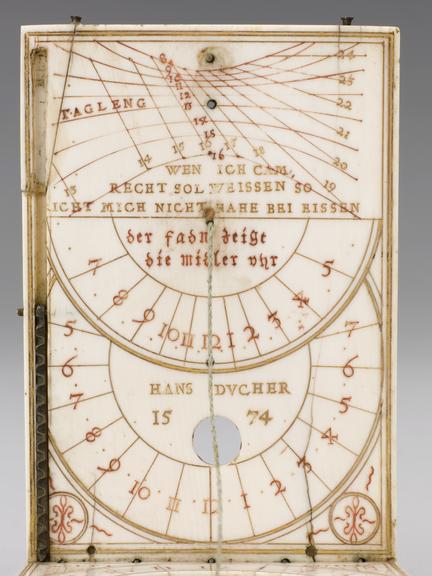 Ivory tablet compass sundial; 3 3/4 x 2 3/8 x 7/16-inches. Made by Hans ...