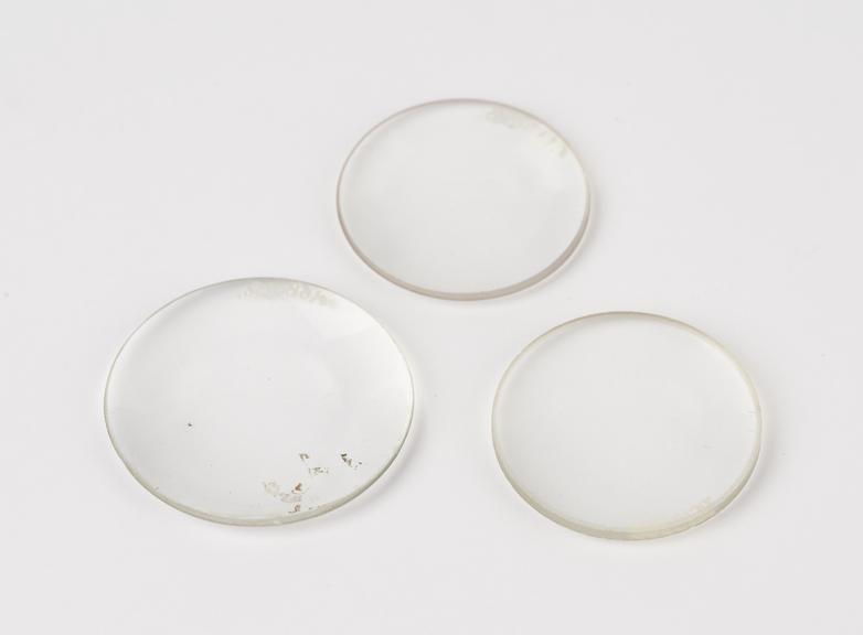 Three clear glasses convex trial lenses, English(?), 1880-1940