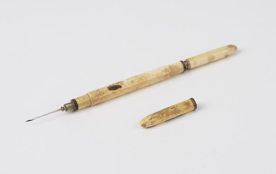 Ophthalmic needle and spud, steel and ivory, by Evans and Co