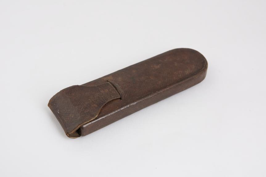Spectacle case, tuck in, box type, brown leather covered