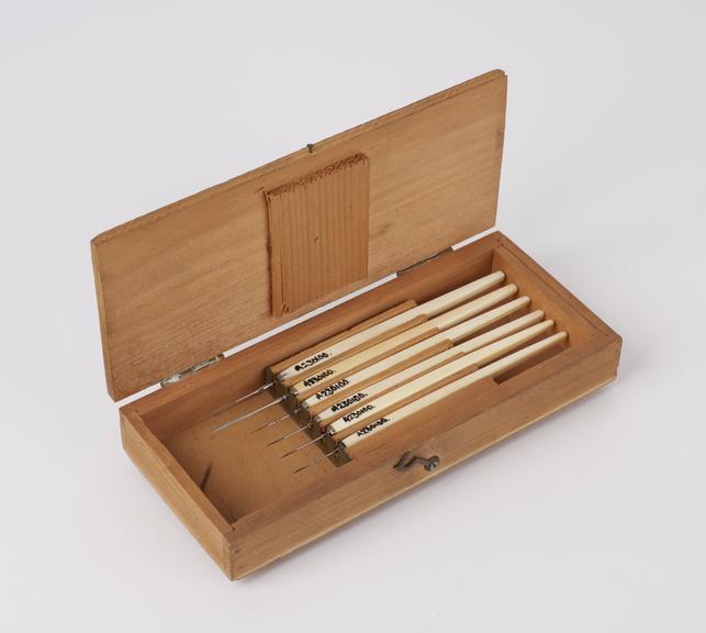 Ophthalmic instruments in wooden case, by Weiss, English