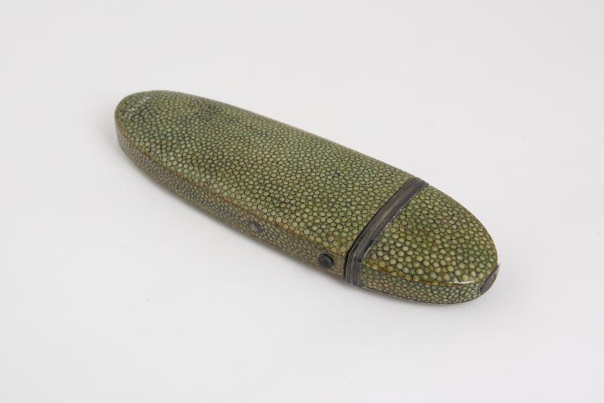 Hinged cap spectacle case, shagreen and silver, English