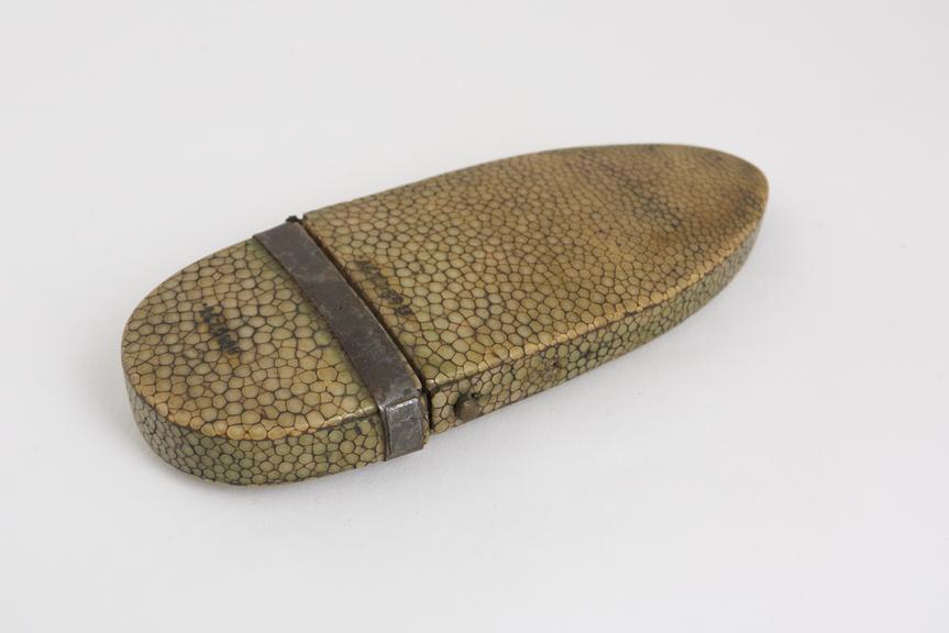 Hinged cap spectacle case, shagreen and tinned iron, English