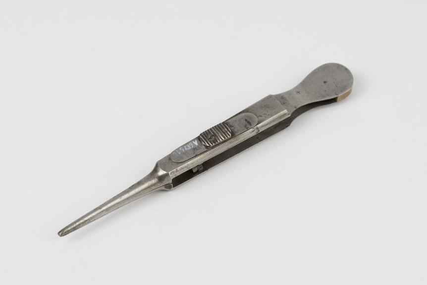 Ophthalmic needle holder, sliding catch, plated metal, 1880-1920