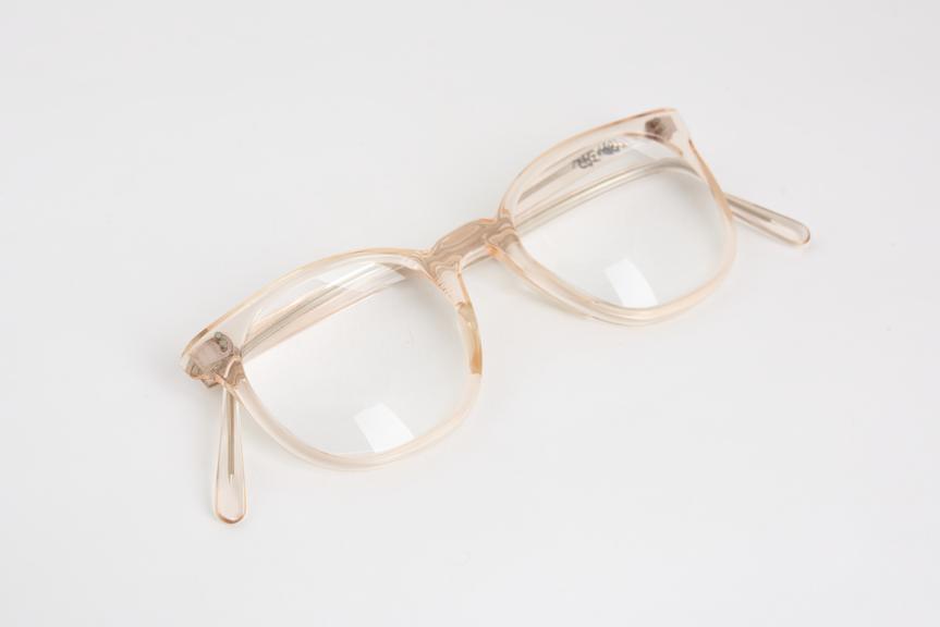 Pair of spectacles, pink cellulose acetate frames, England, 1967