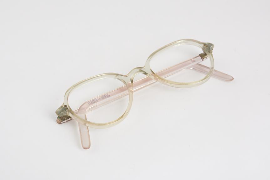 Pair of childs spectacle frames, pale green plastic, no maker