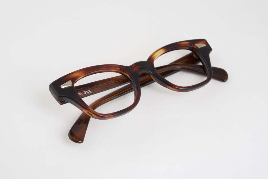 Brown plastic spectacle frames, made by Bausch and Lomb, USA