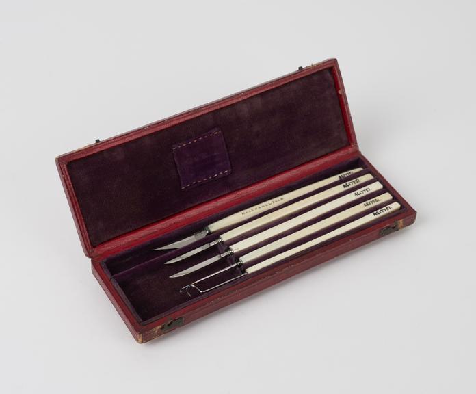 Ophthalmic instrument set, cased, by Mayer and Meltzer, English