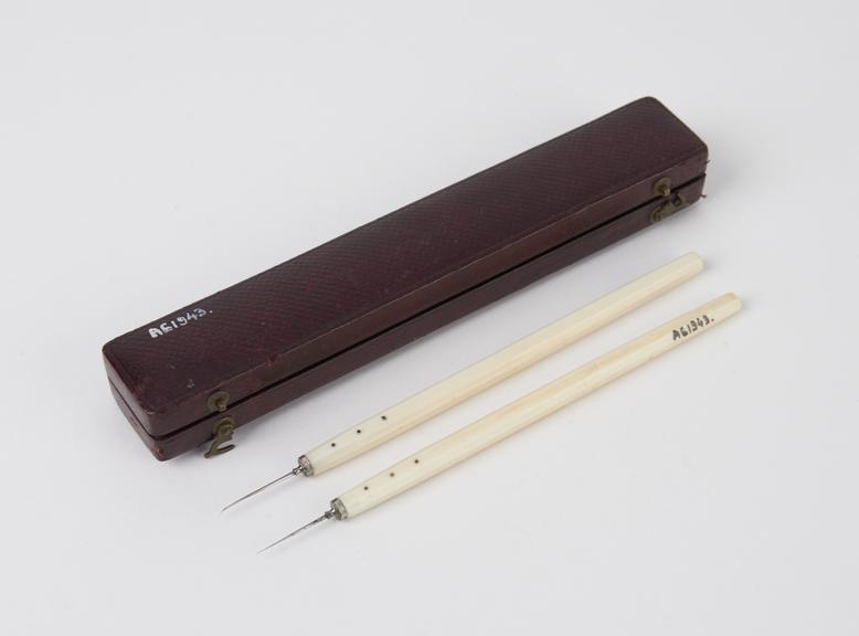 Two cataract needles, cased by Ferguson, English, 1822-1864