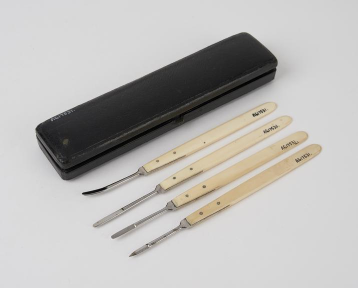 Four tenotomy knives, cased, by Mayer and Meltzer, English