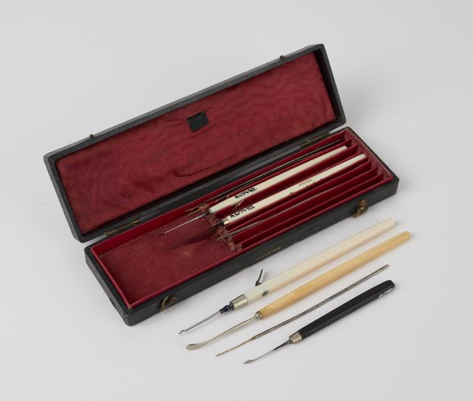 Ophthalmic instrument set, cased, by Charriere, French