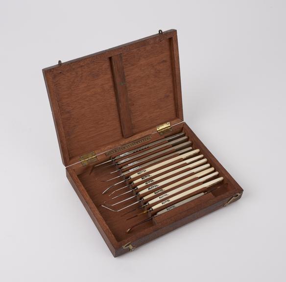 Ophthalmic instrument set, cased, by Down Bros