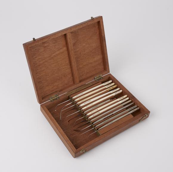 Ophthalmic instrument set, cased, by Down Bros