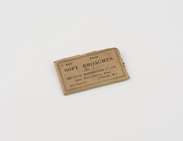 Paper envelope for soft broaches, by Dental Manufacturing Co