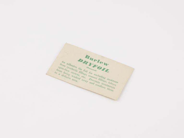 Envelope of Dryfoil' dental foil, by Burlew, England, 1930-1960'