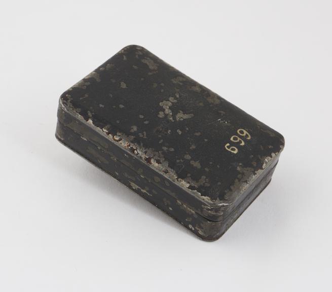 Tinder-box (length 3 3/4 ins) of tin, painted; rectangular