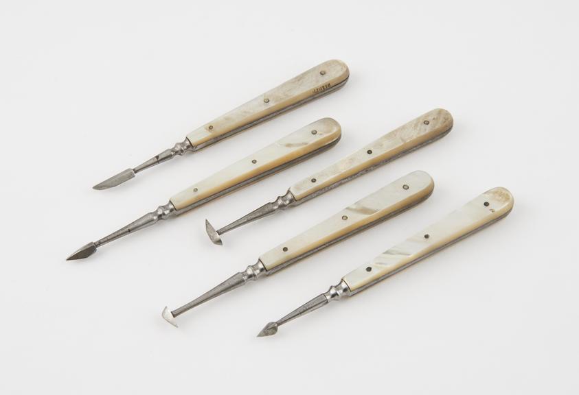 5 dental descalers, steel with mother of pearl handles