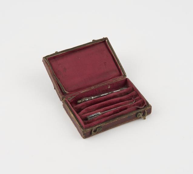 Personal dental descaler set, in red leather velvet-lined case