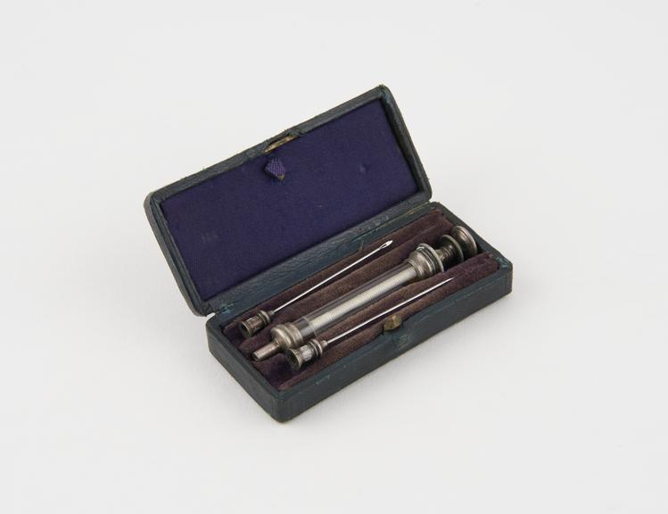 Hypodermic syringe, glass and silver plated brass, cased