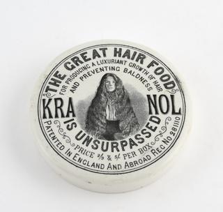 Ceramic pot lid for 'Kranol Hair Food'