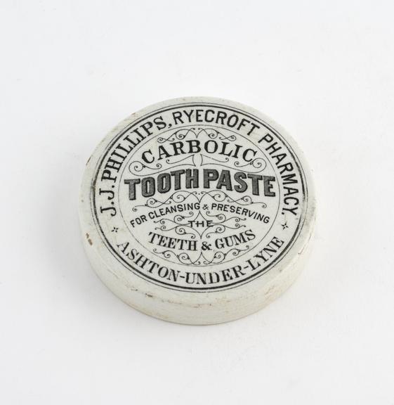 Ceramic pot lid for carbolic tooth paste, supplied by J.J