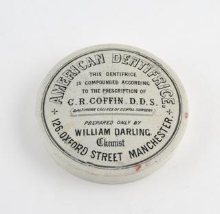 Ceramic pot lid for American dentifrice supplied by William Darling