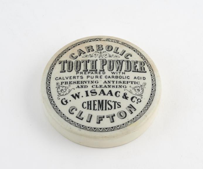 Ceramic pot lid for carbolic tooth powder, supplied by G.W