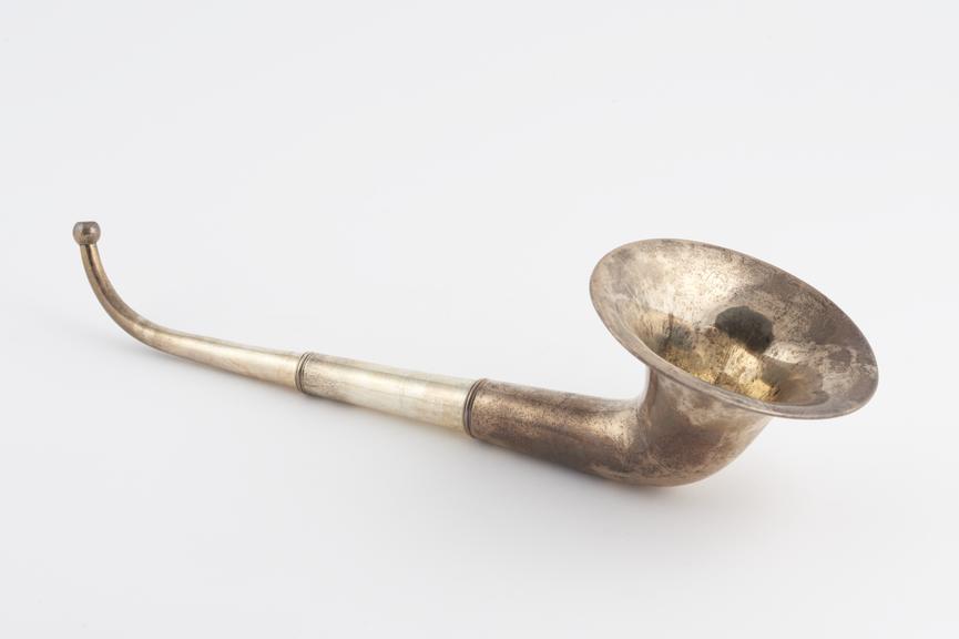 Silver ear trumpet, three pieces, telescopic, Dublin, 1829