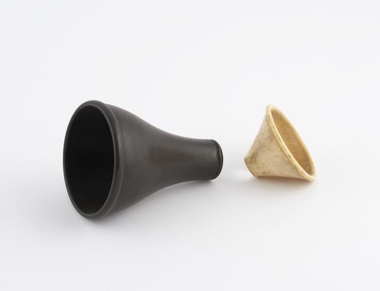 Two bells from ear trumpets, of mechanical hearing aids