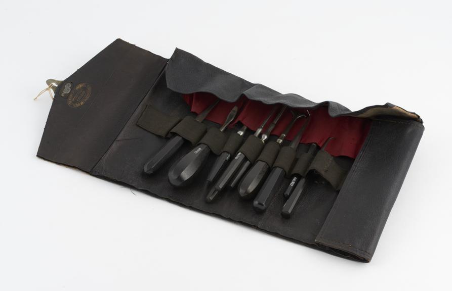 Dental instrument set, in leather roll, mainly by Collin, Paris