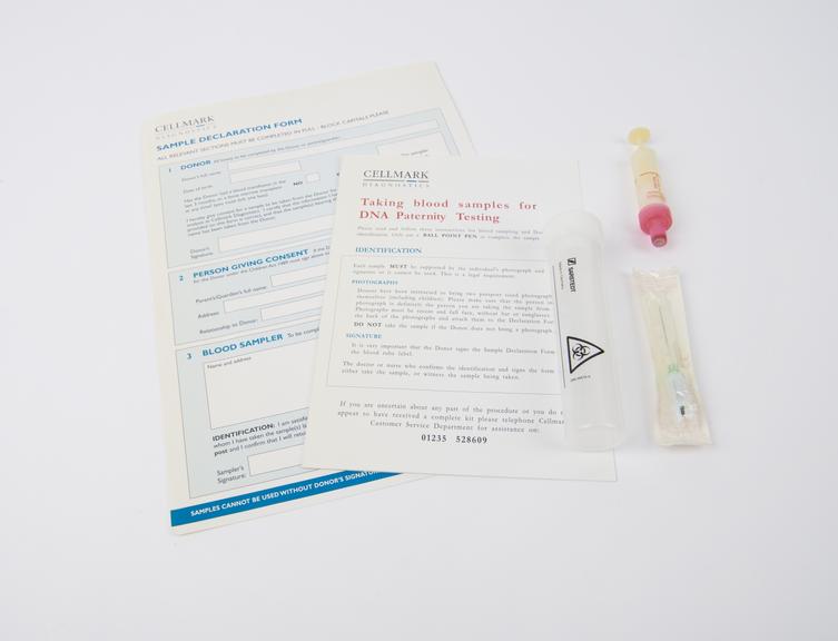 Adult blood sample DNA testing kit from Cellmark Diagnostics. Each kit contains 1 x Monvette container