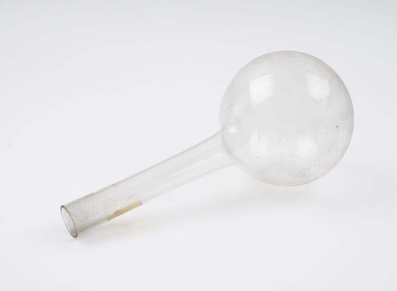 Clear glass flask, spherical bulb, tubular neck, hand blown