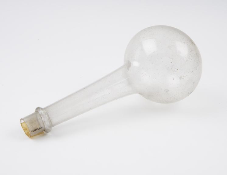 Clear glass flask, spherical bulb, tubular neck with grip