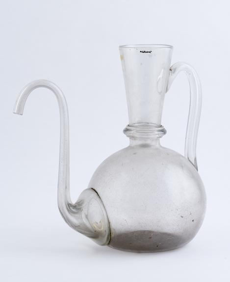 Flask, clear glass, with handle and swan-necked tube, European