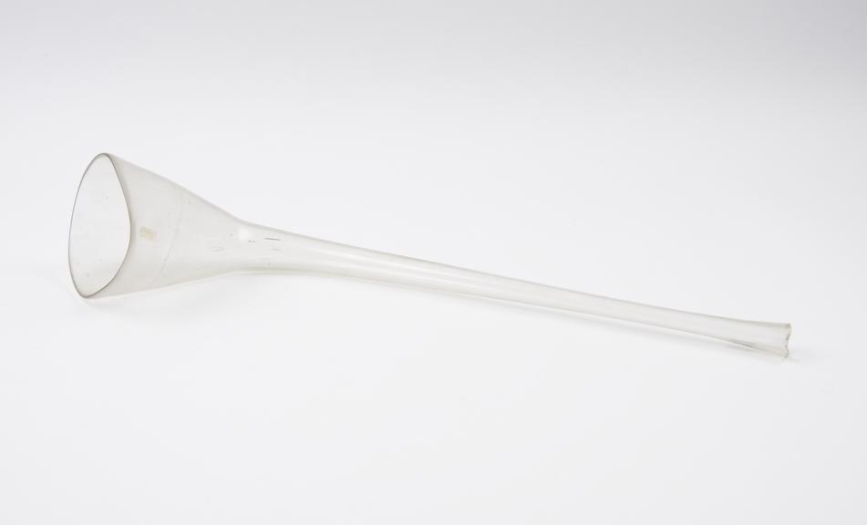 Clear glass funnel with trumpet shaped neck and angled outlet