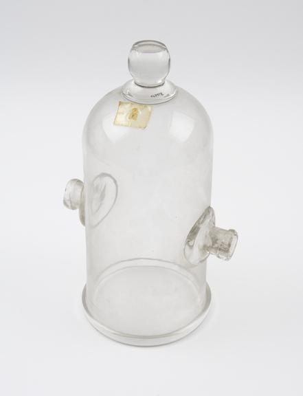 Bell jar, clear glass, with handle and outlets, European