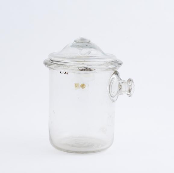 Glass jar with spout and lid, Spanish, 1850-1900