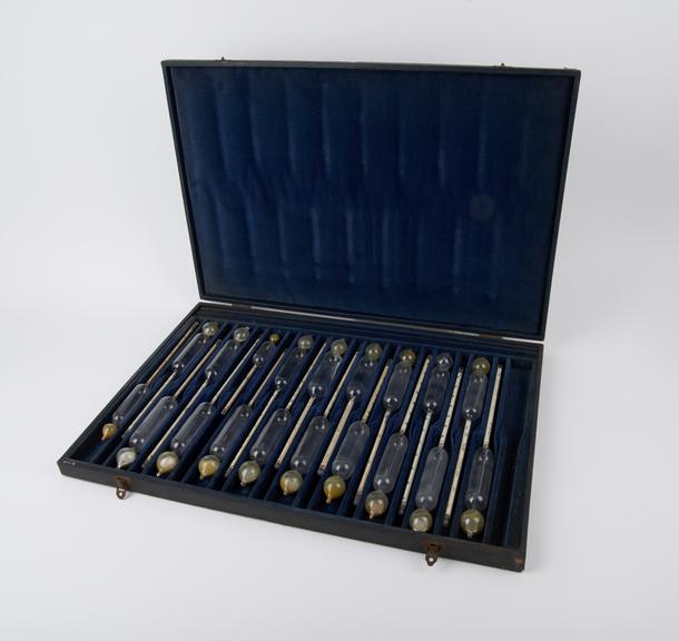 Nineteen glass hydrometers (in fitted box) constructed by T.O