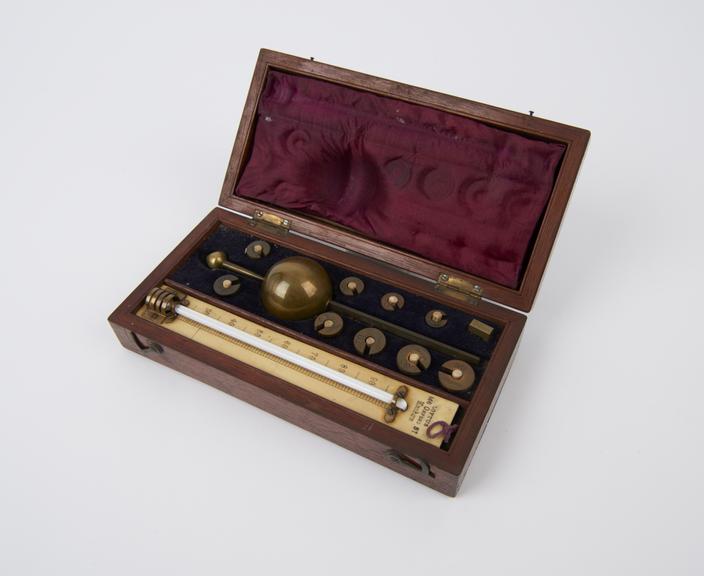 Hydrometer, Sikes, brass, in wooden case, with thermometer