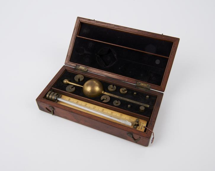 Hydrometer, Sikes, brass, in wooden case, with thermometer