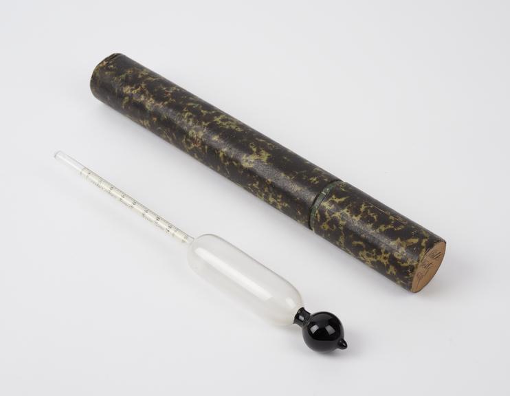 Hydrometer, glass and metal, in cardboard case, European