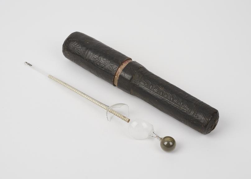 Hydrometer, broken, with leather case, English(?), 1830-1920