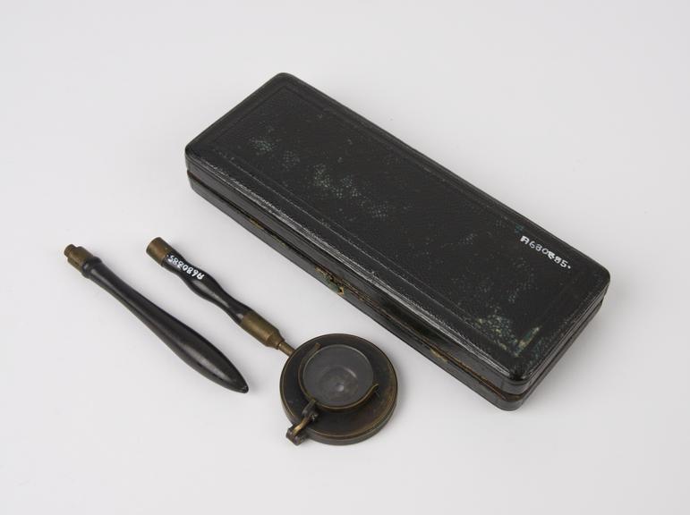 Liebreichs type ophthalmoscope in leather covered case