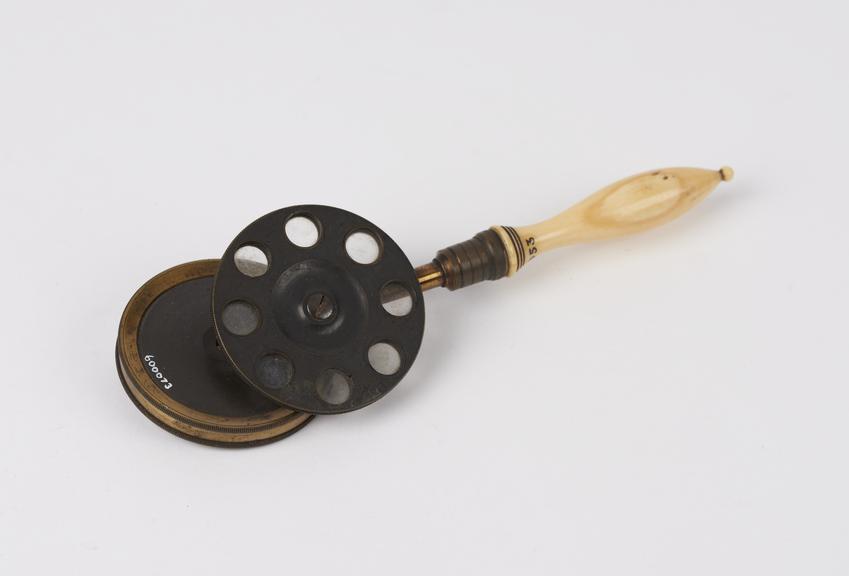 Ophthalmoscope, possibly Brailey, brass, ivory and glass