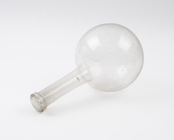 Clear glass flask, spherical bowl, long tubular neck, European