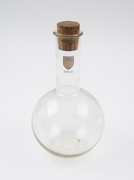 Clear glass flask, spherical bulb, tubular neck, with stopper