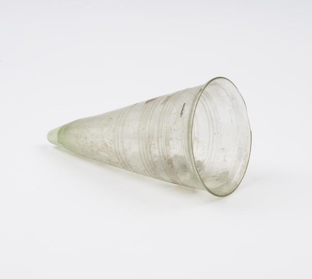 Pale green glass flask beaker, cone shaped, European