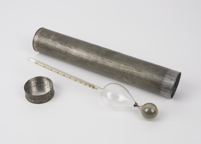 Hydrometer, alcoholmeter, glass, in metal case, by R. & J