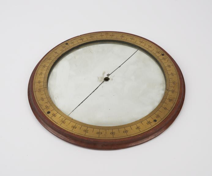 Meter, wood surround, glass centre and metal scale, European