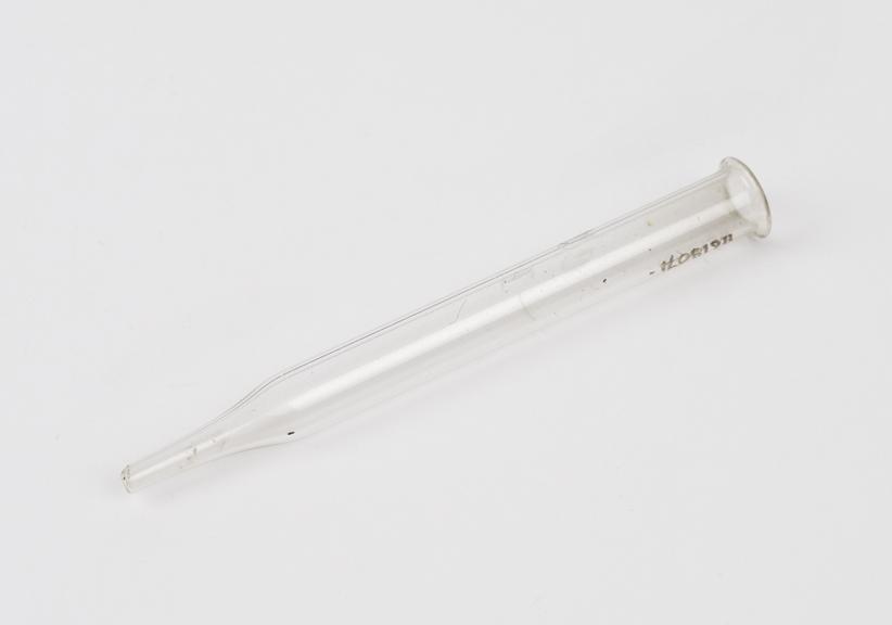 Glass pipette, no bulb, ICC, English, 1880-1920